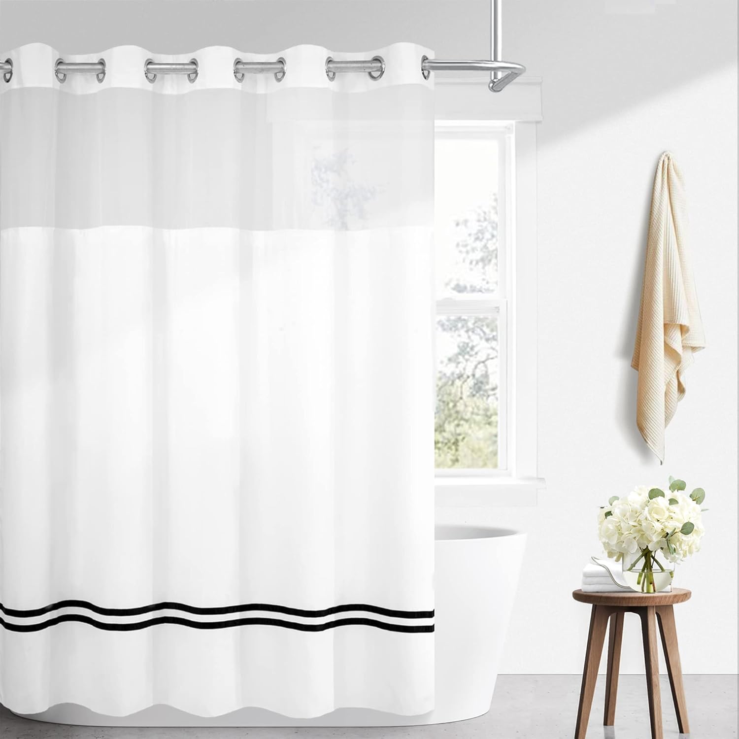 River Dream Sheer Fabric Shower Curtain Set with Liner 71x74 Inch White