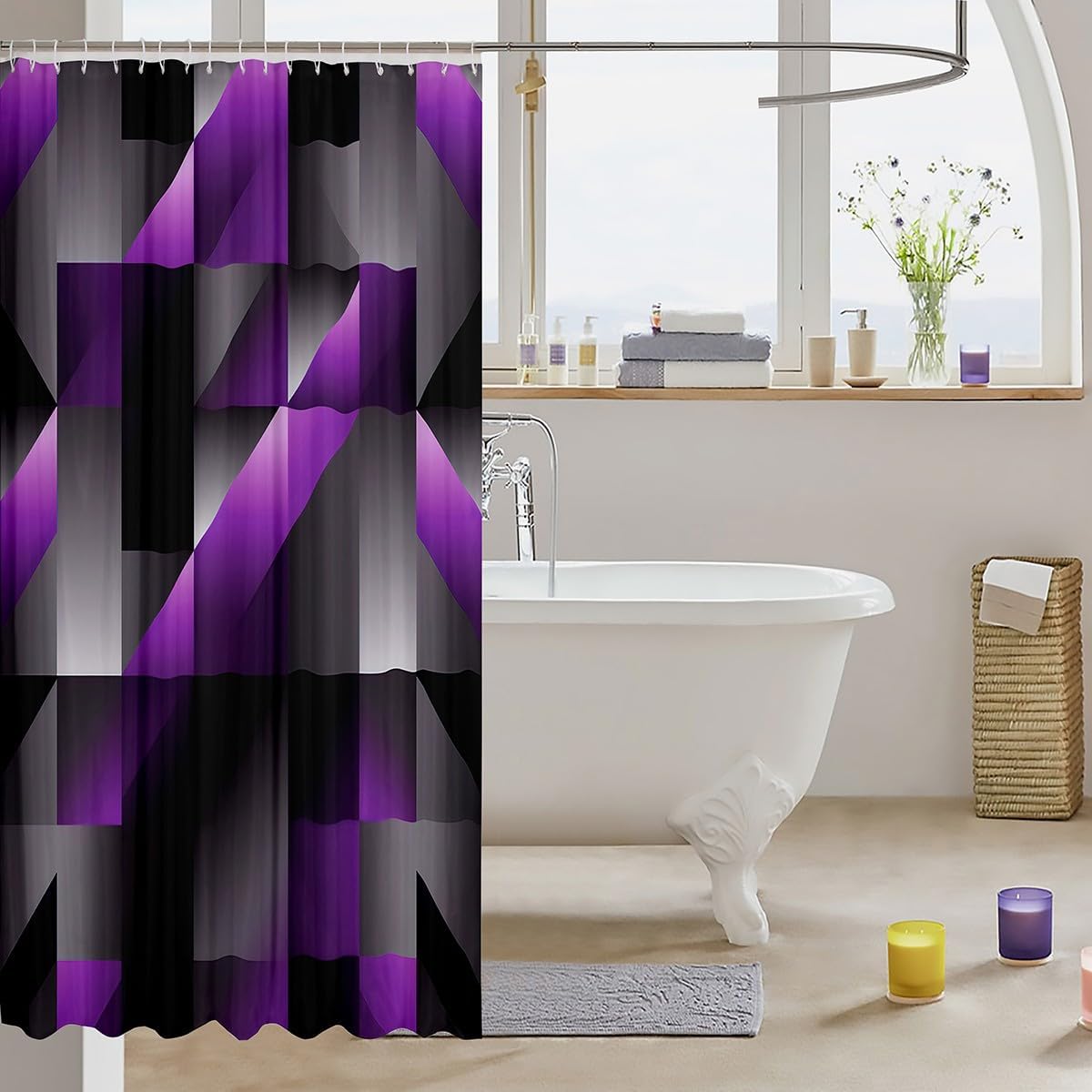 Feelyou Kids Purple Black Geometry Shower Curtain Set 72x78