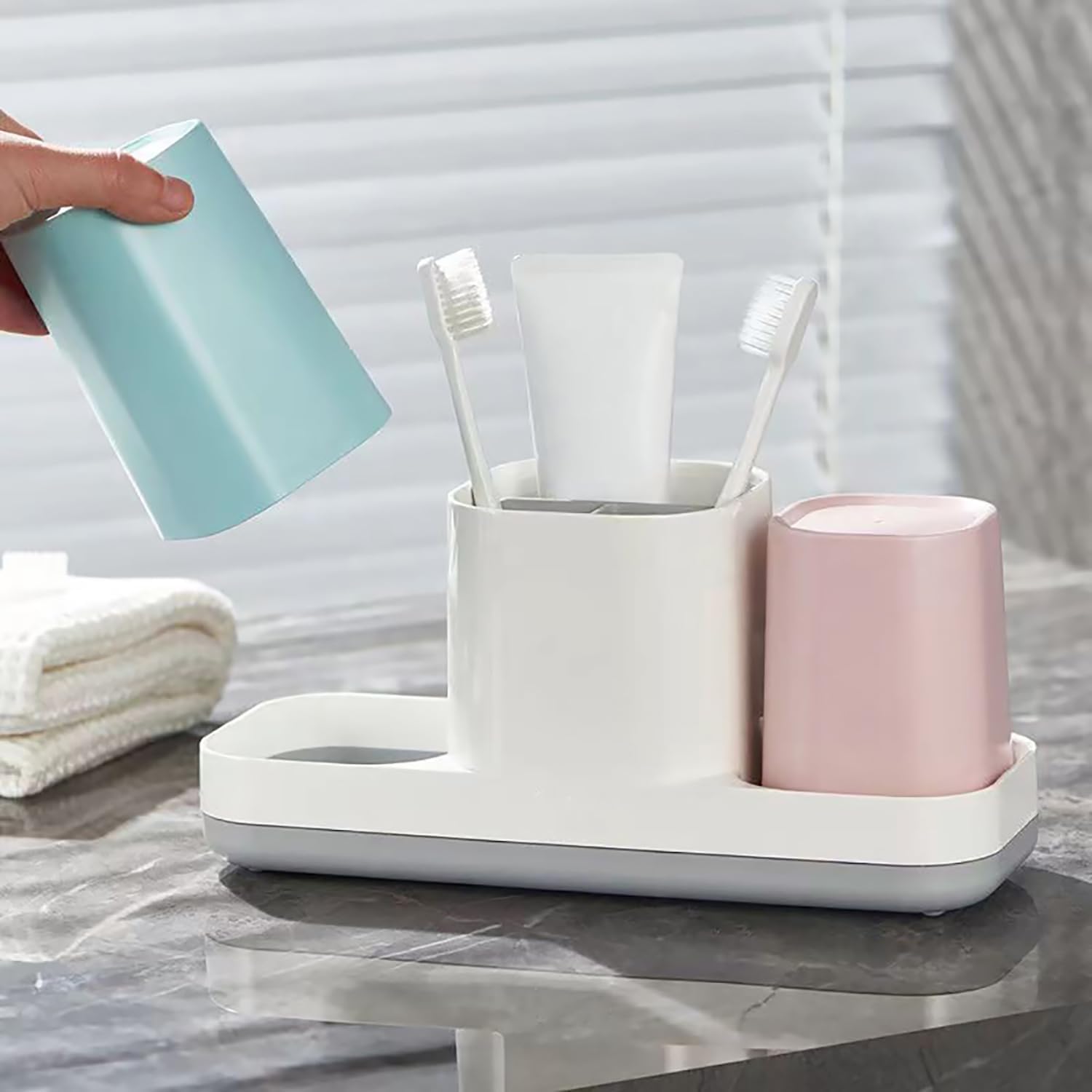 Kids Toothbrush Holder with Pink Blue Cups and Storage