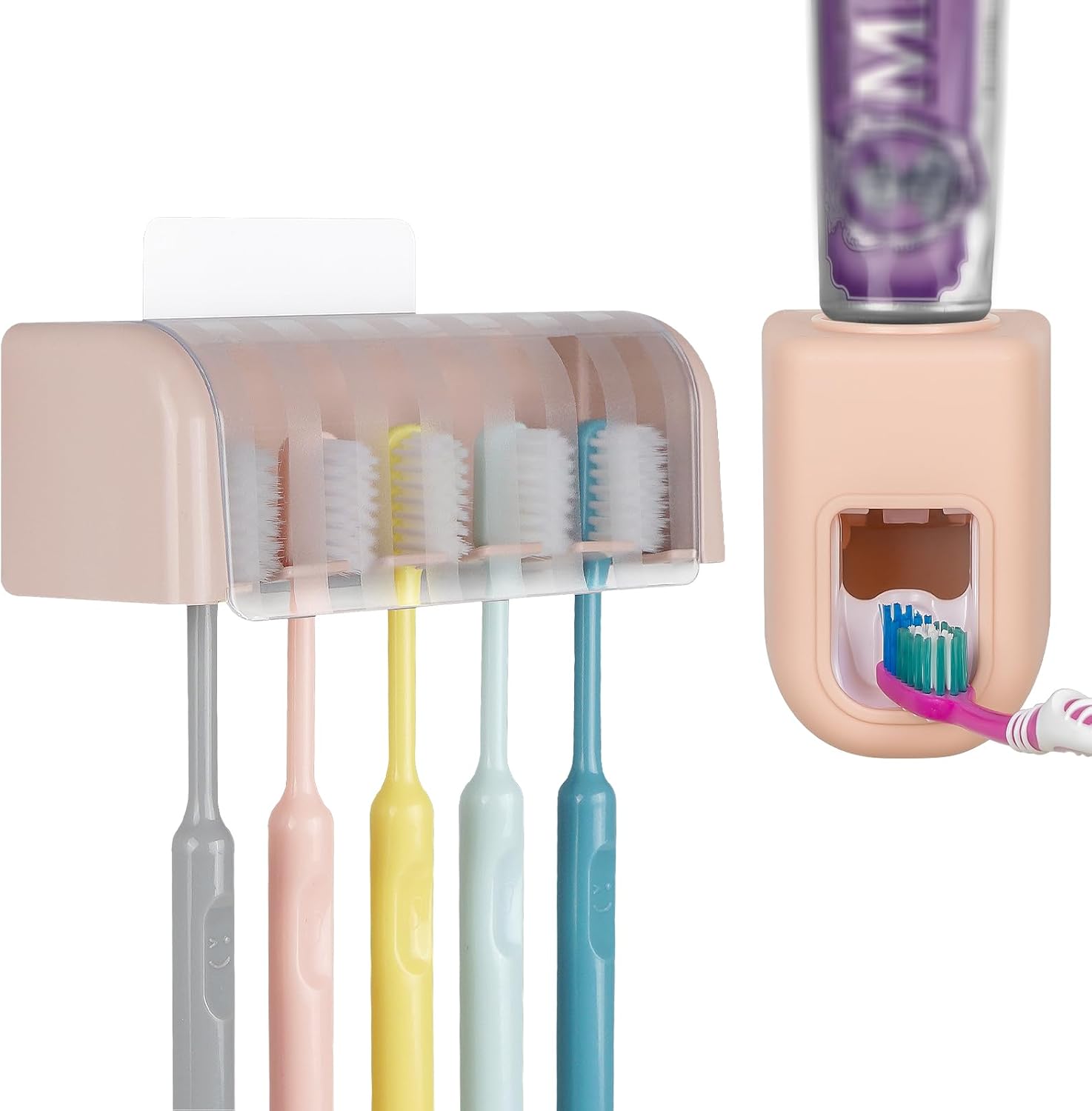 5 Slots Wall Mount Toothbrush Holder with Cover and Dispenser Pink
