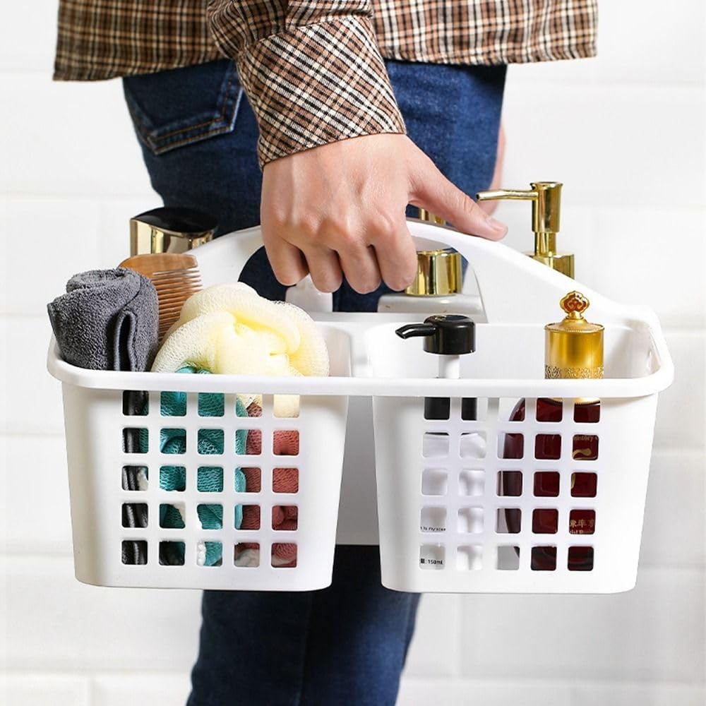 Plastic Shower Basket with Compartments and Handle - White