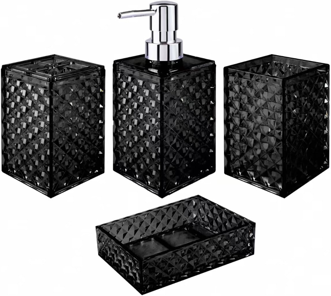 Modern Bathroom Accessory Set with Grid Pattern Black