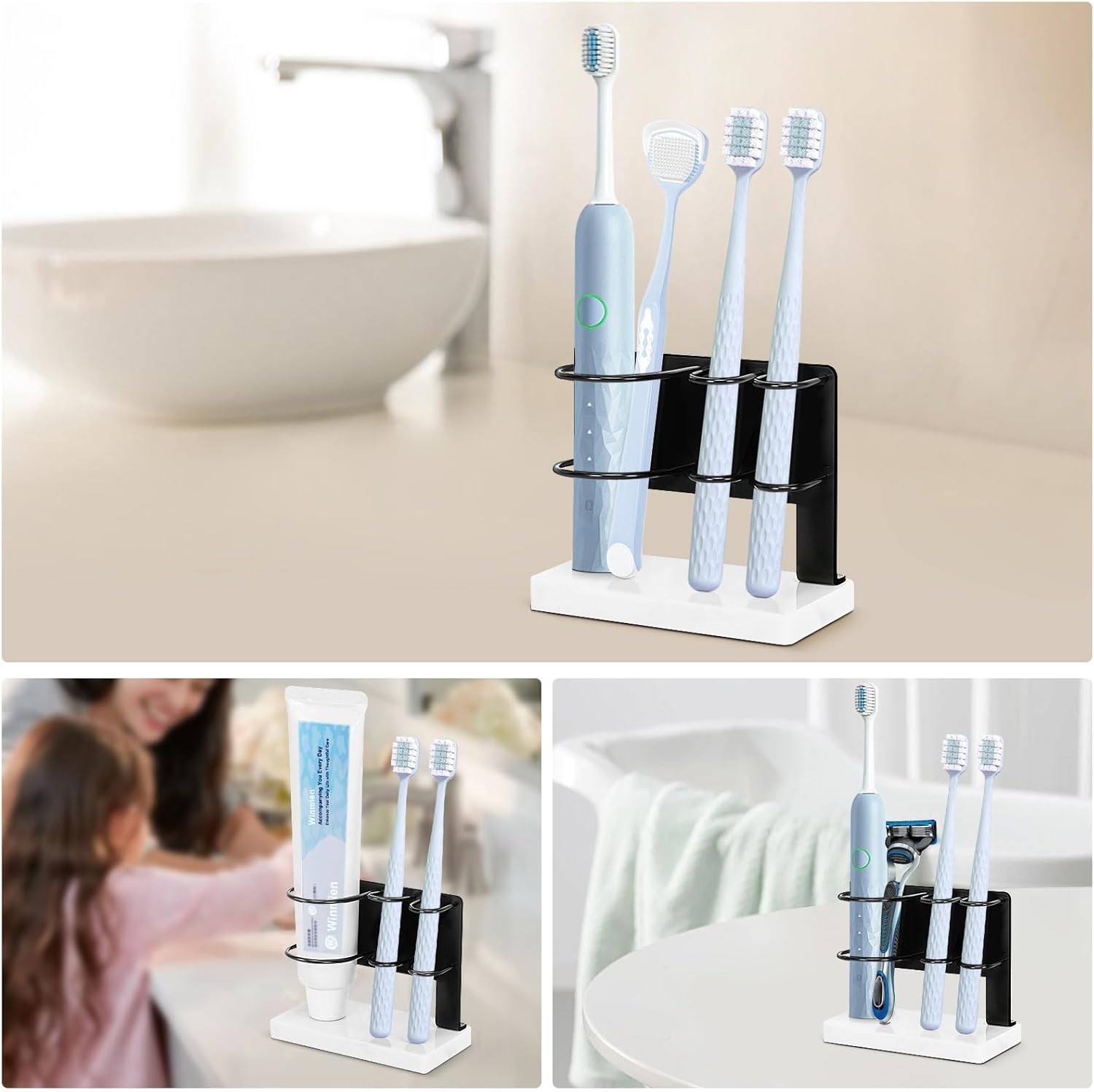 Winmien Toothbrush Holder with Marble Base 3 Slots Matte Black