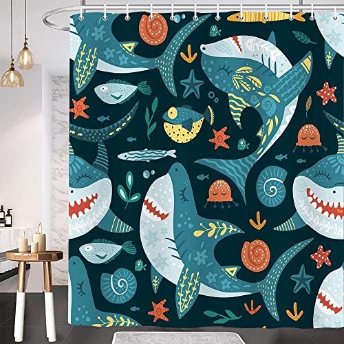 Cute Shark Shower Curtain for Kids Bathroom 69x70 Inches