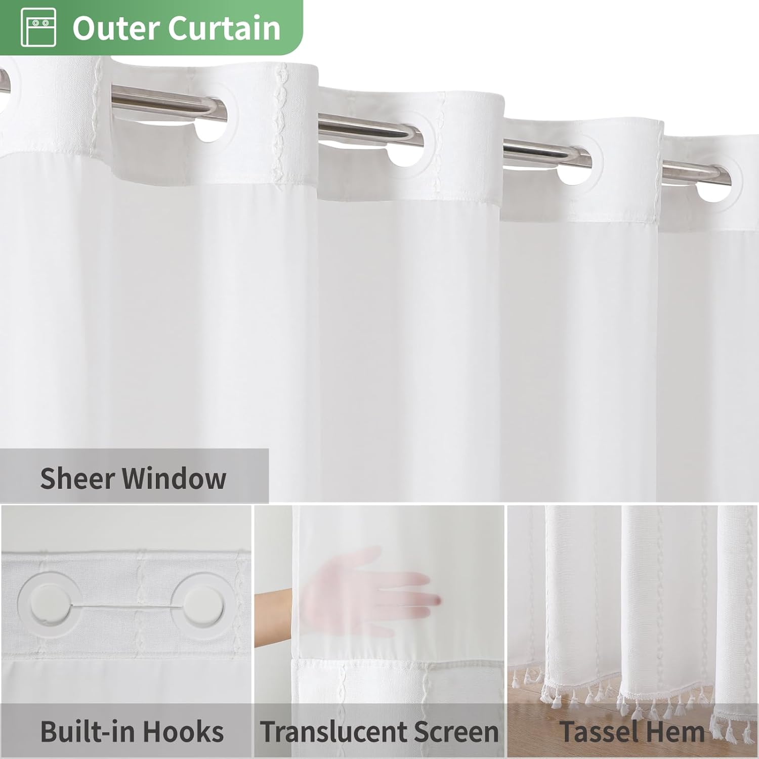 No Hook Extra Long Shower Curtain Set with Liner