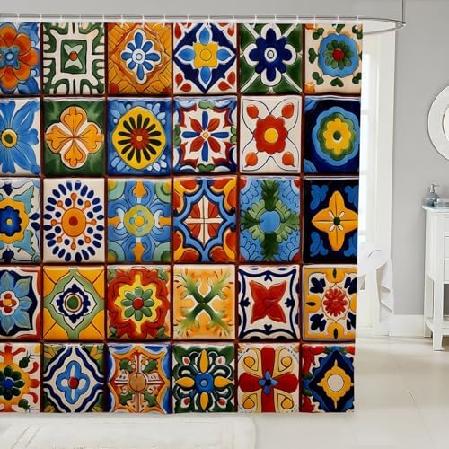 Erosebridal Mexican Talavera Style Shower Curtain Set with 15 Hooks