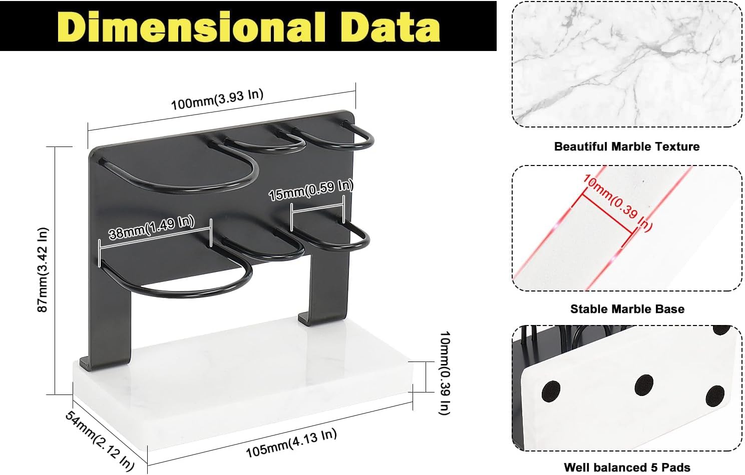 Winmien Toothbrush Holder with Marble Base 3 Slots Matte Black