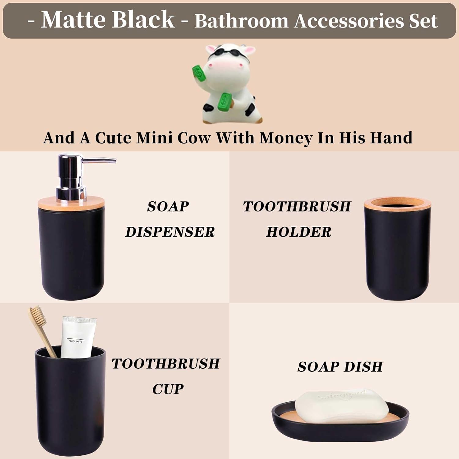 YugFmor Black Bathroom Accessories Set with Soap Dispenser and Toothbrush Holder