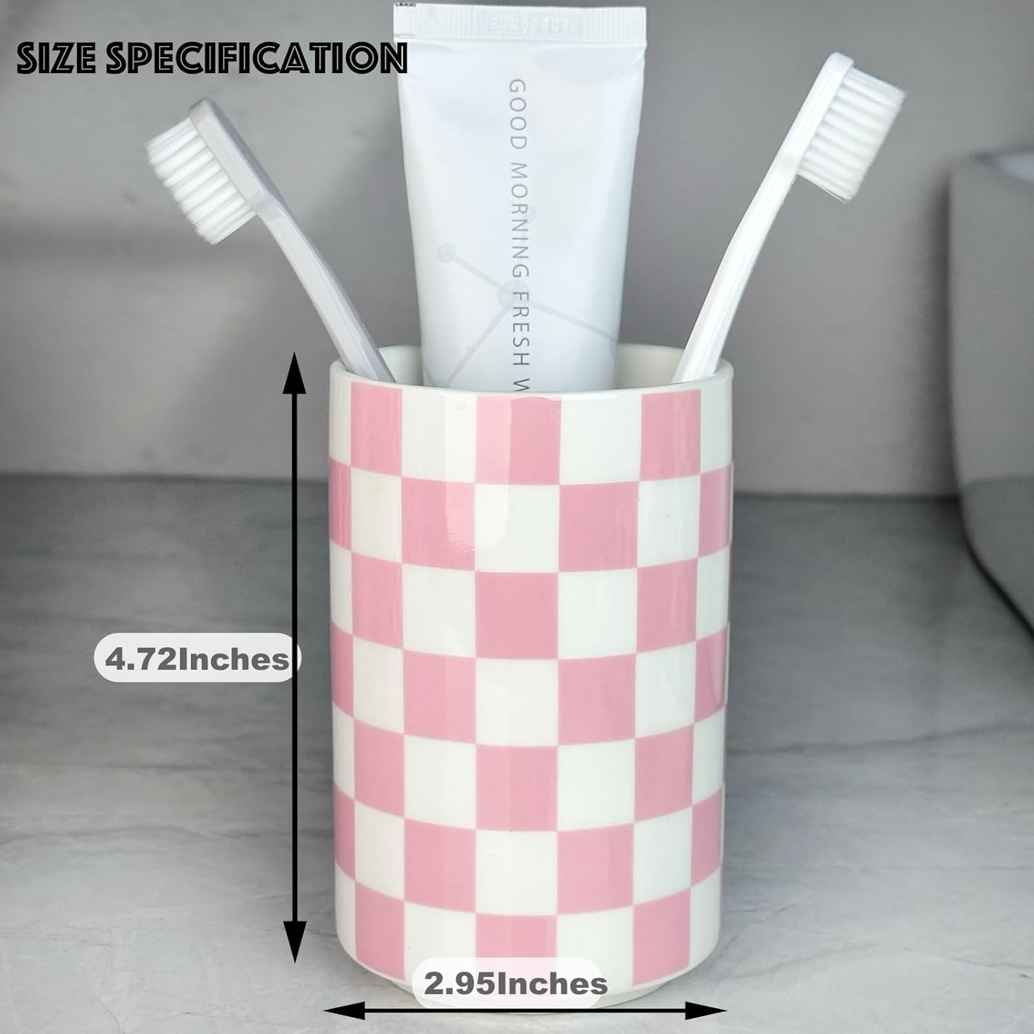 Pink Checkered Ceramic Toothbrush Holder Modern Bathroom Decor