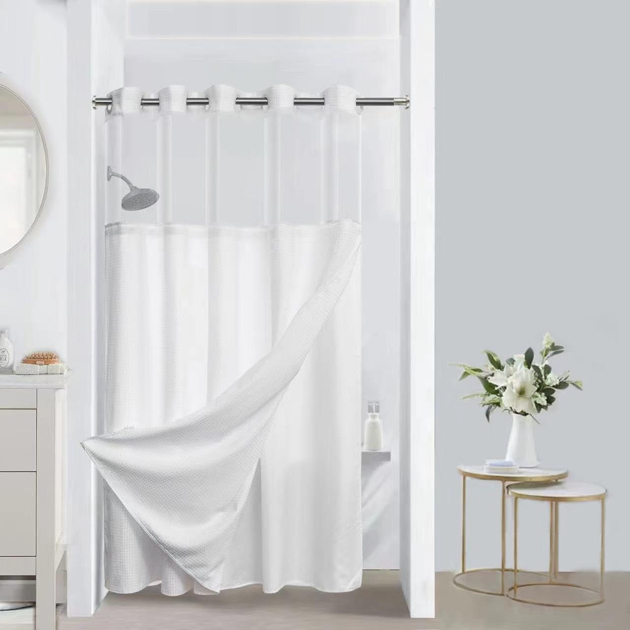 No Hooks Waffle Weave Shower Curtain Set - Hotel Grade Waterproof with Sheer Window
