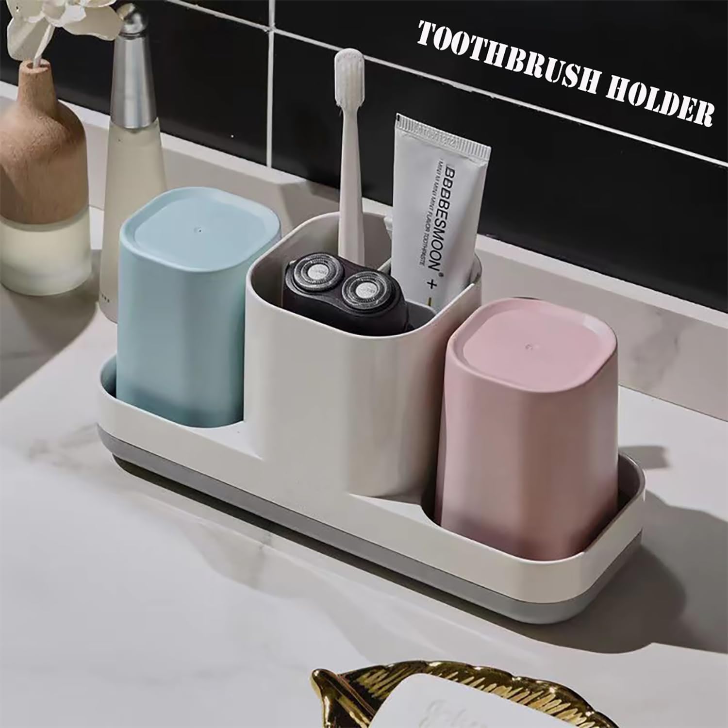 Kids Toothbrush Holder with Pink Blue Cups and Storage