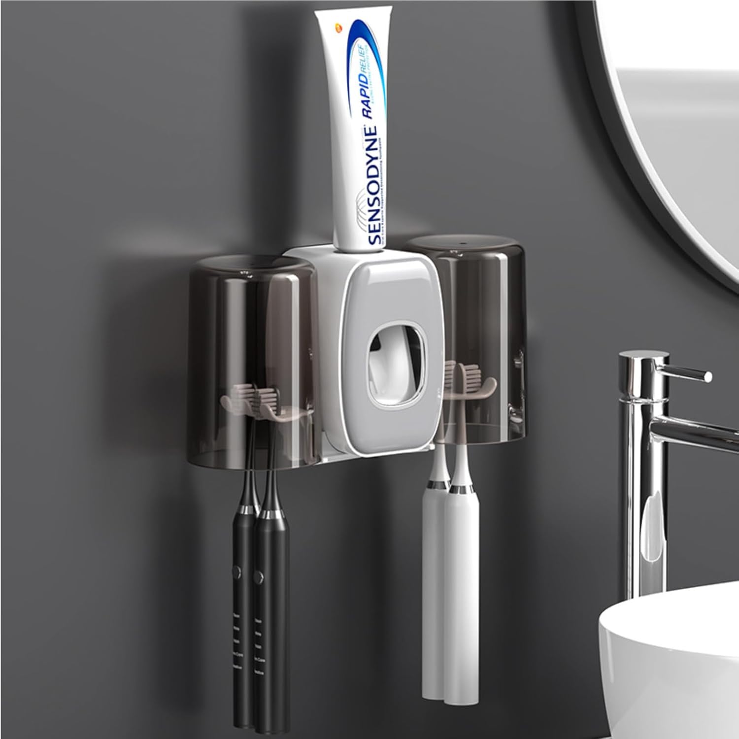 MYLAMZAL Toothbrush Holder with 2 Cups and Suction Mount - Grey