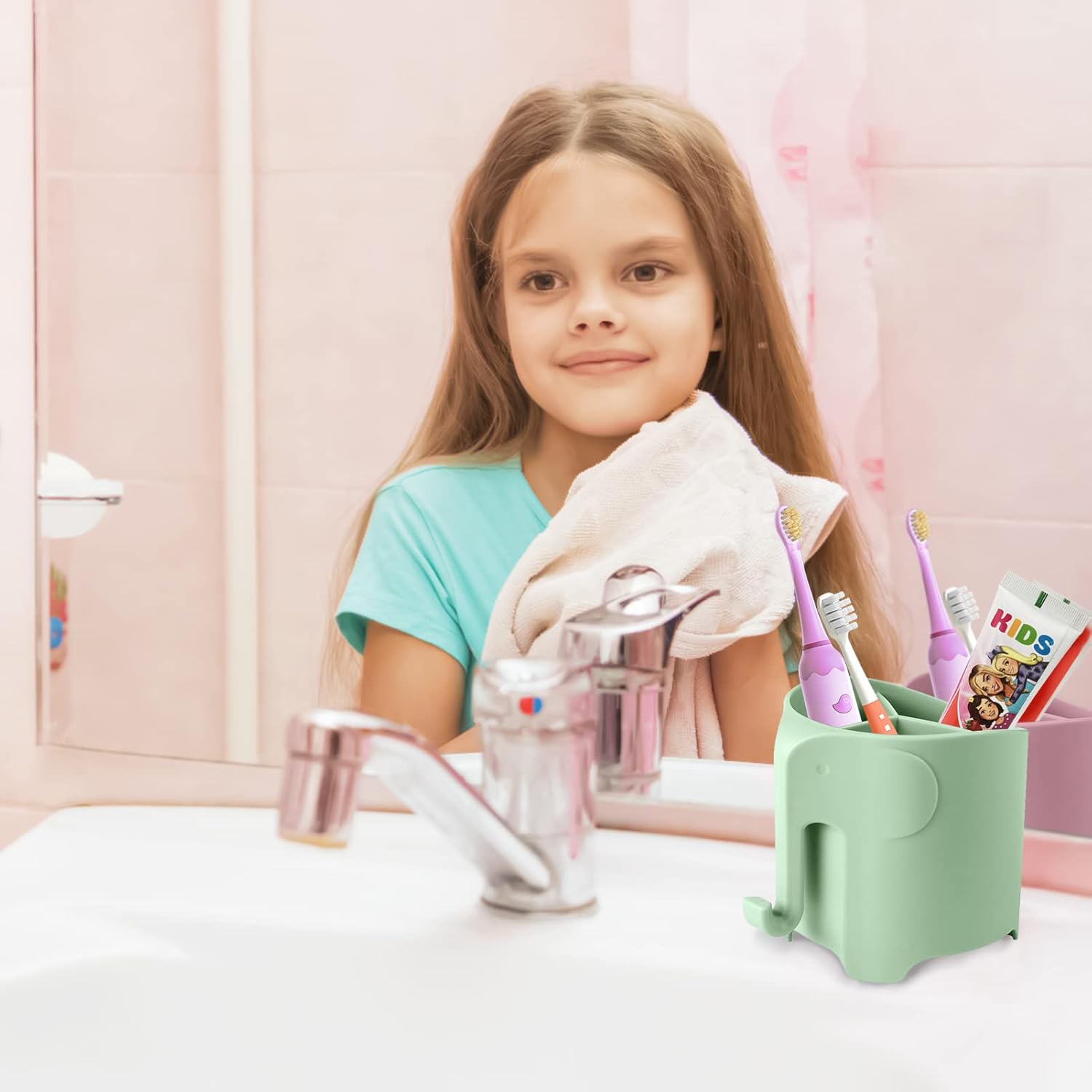RyanLemon Elephant Toothbrush Holder for Kids with Hook and 3 Slots