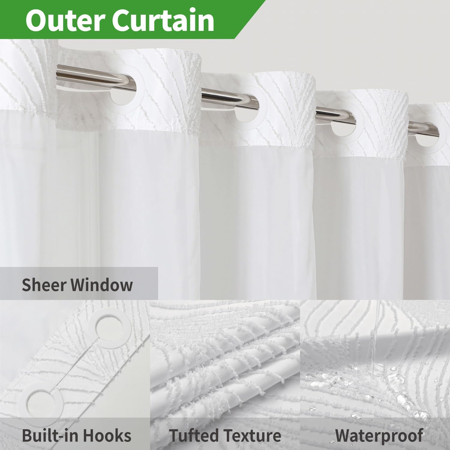 White Boho Shower Curtain Set with Tufted Stripes and Snap Liner