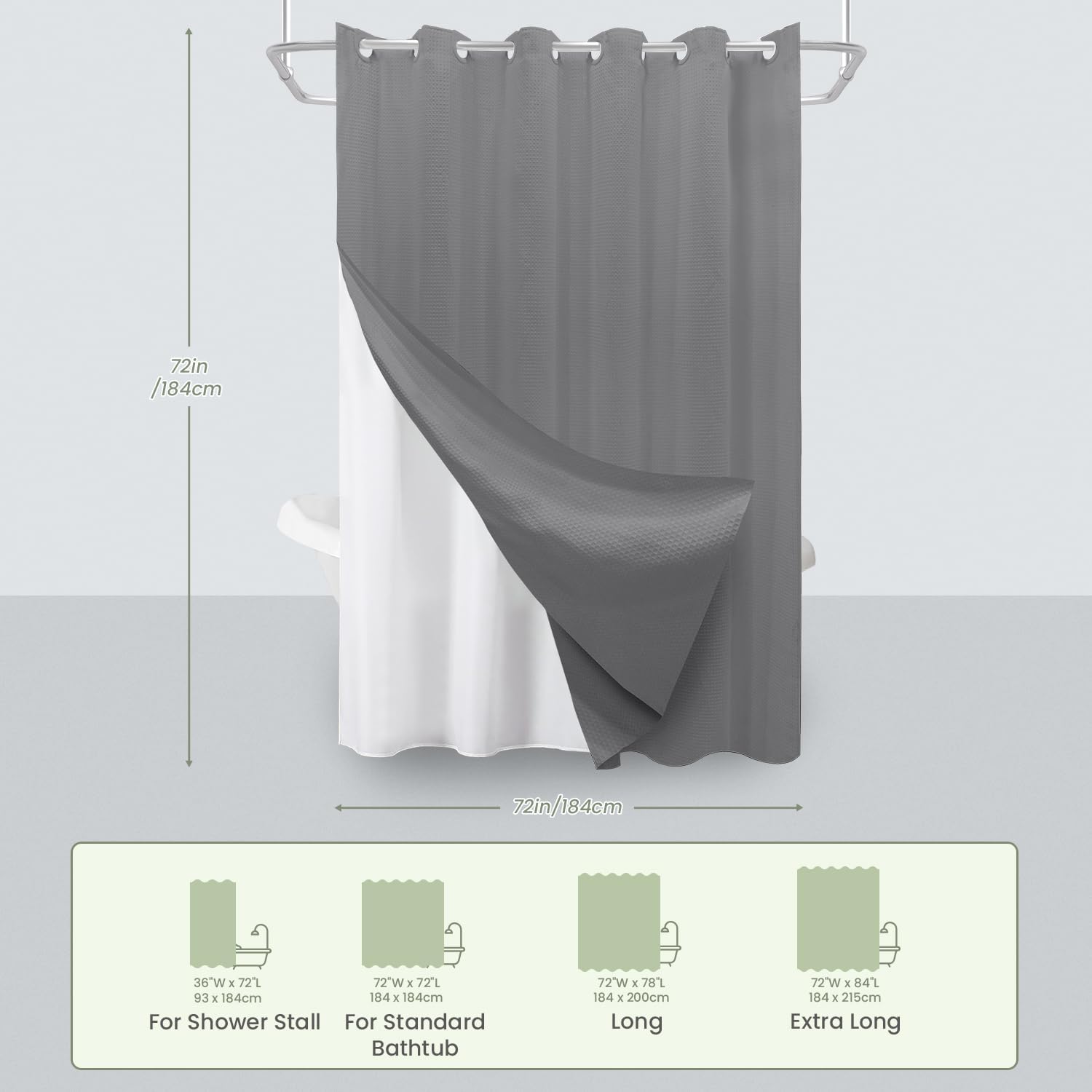Inhousolu No Hook Waffle Shower Curtain Set - 72x78 Inch Grey