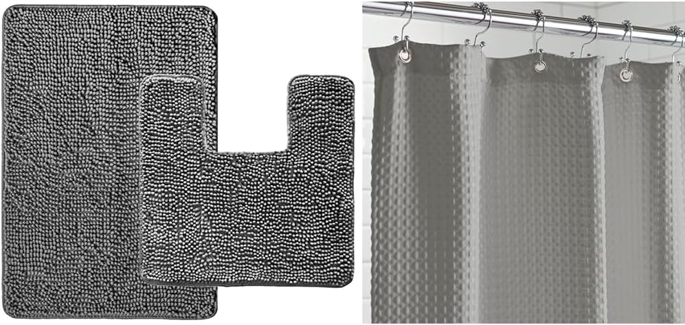 Gorilla Grip Bath Mat Set and Waffle Shower Curtain Bundle in Gray