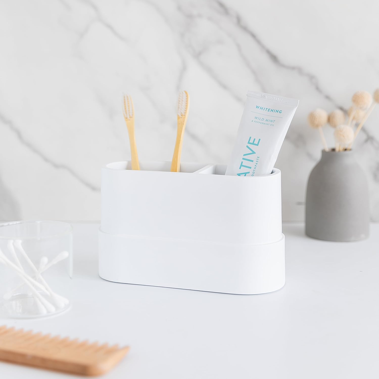 Matte White Toothbrush and Toothpaste Holder with 2 Compartments