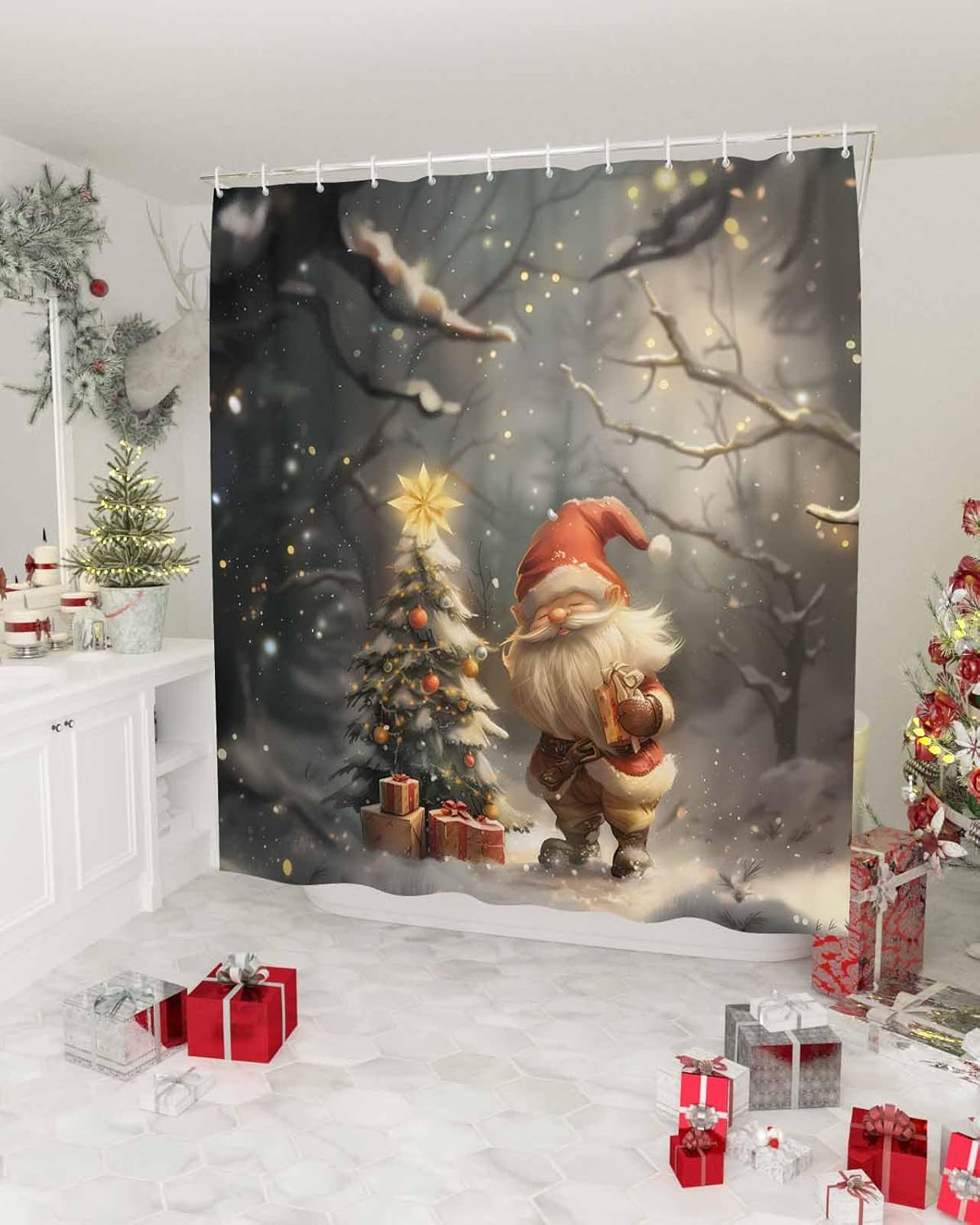 72 Inch Christmas Shower Curtain Set with 12 Hooks