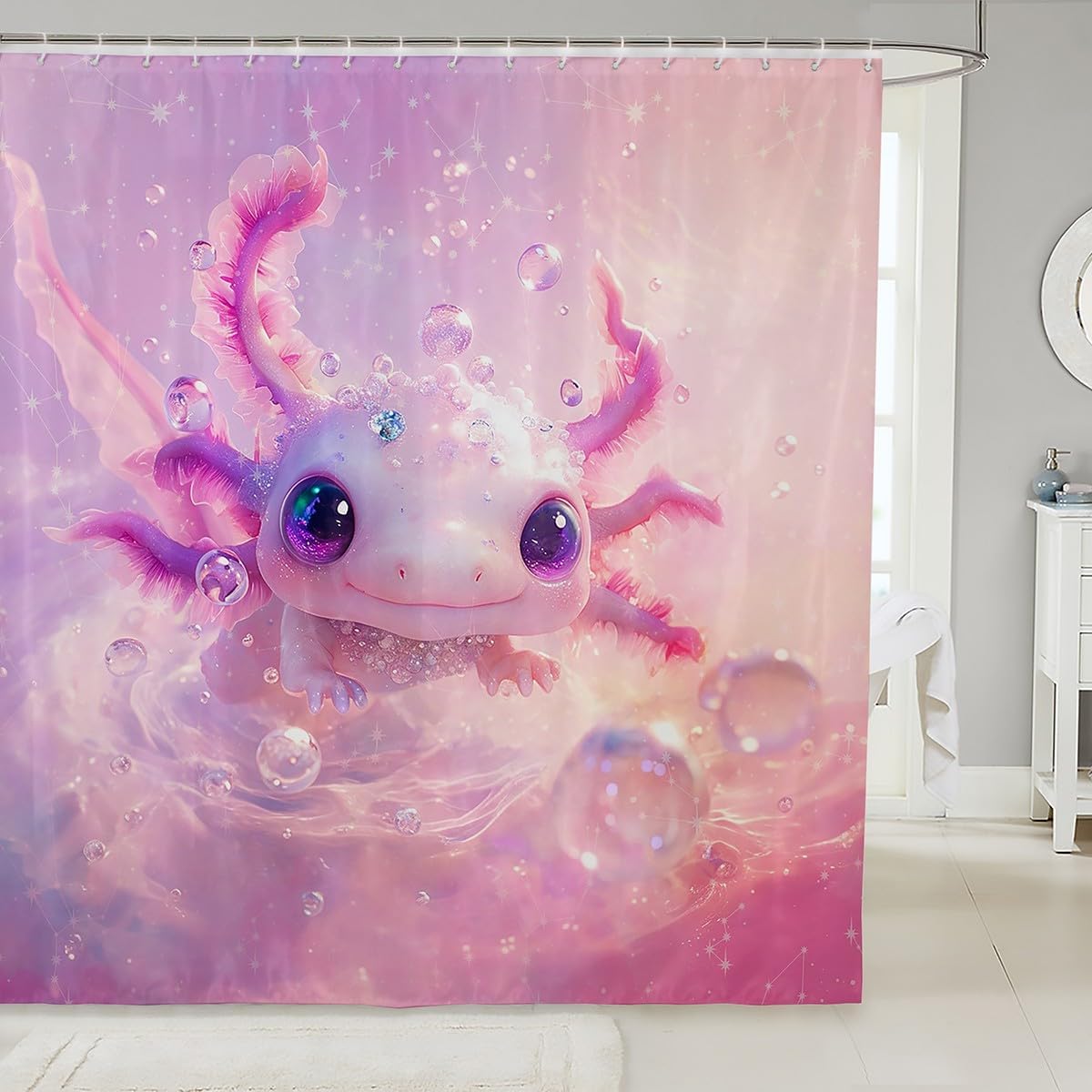 Feelyou Kids Pink Axolotl Shower Curtain Set 72x84 1