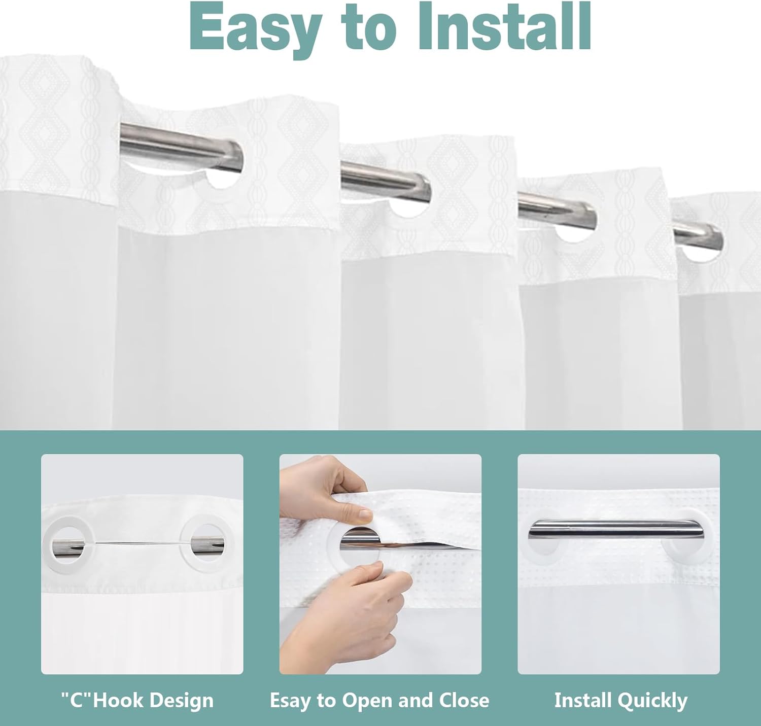 TYTYUU No Hook Shower Curtain Set Modern White Waffle Weave