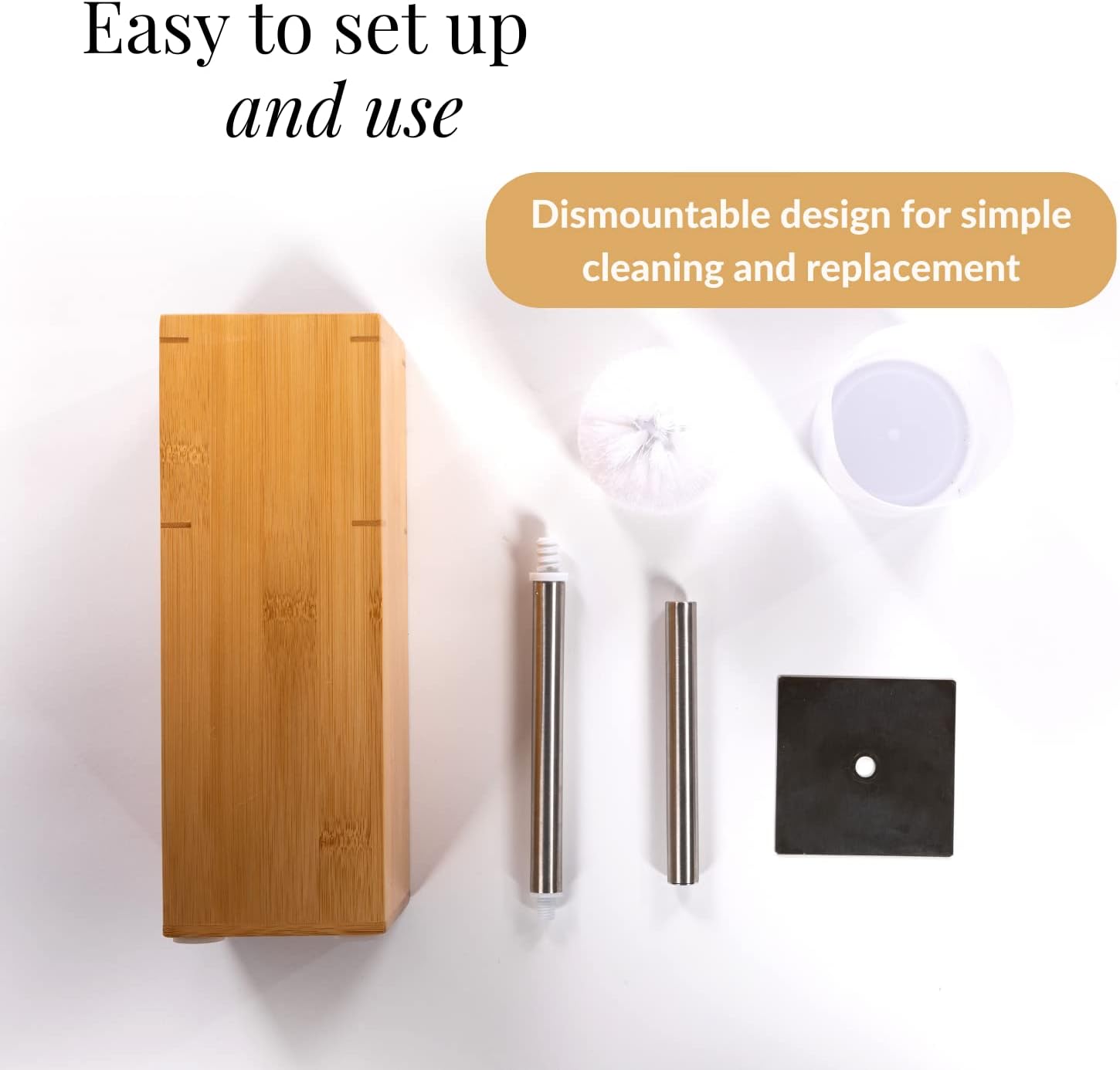 GOBAM Bamboo Toilet Bowl Cleaner with Holder - Hidden Stainless Steel Brush
