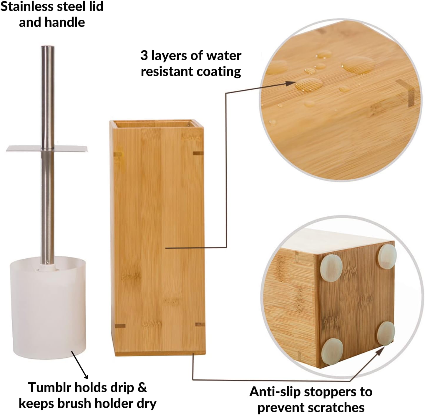 GOBAM Bamboo Toilet Bowl Cleaner with Holder - Hidden Stainless Steel Brush