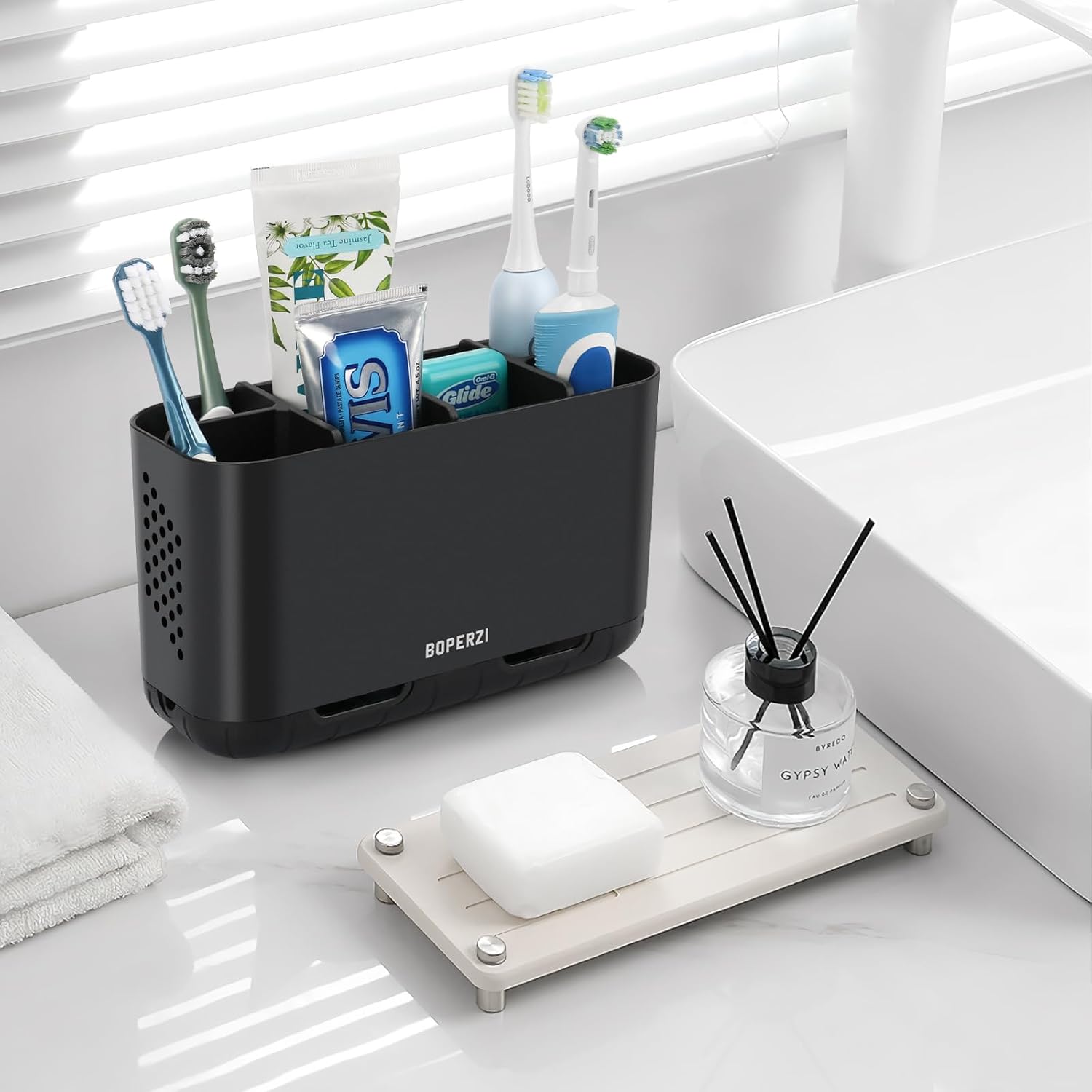 Boperzi 6 Slot Toothbrush Holder with Drainage and Anti-Slip Base Black