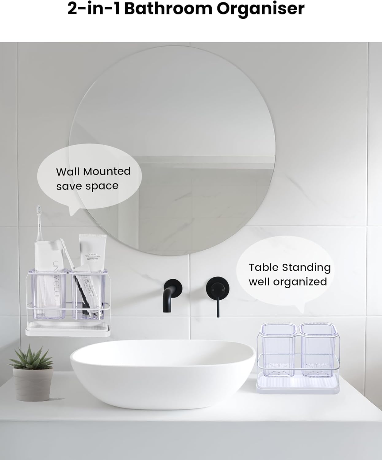 KONE Clear Toothbrush Holders for Bathroom with 2 Cups