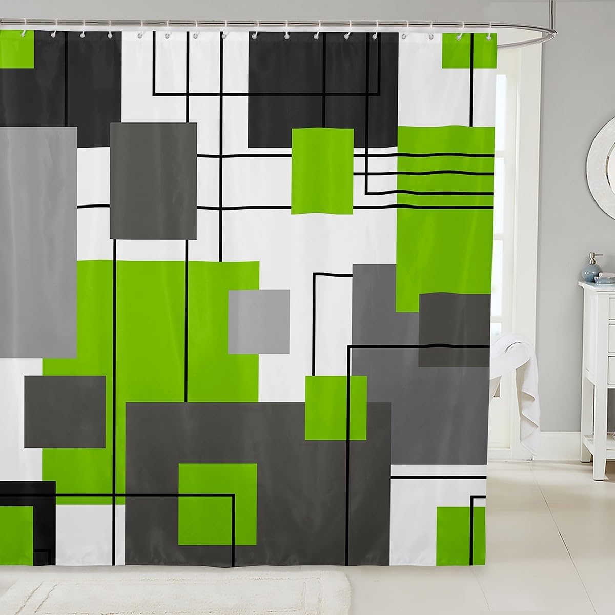 Lime Green Gray Geometric Shower Curtain Set 1