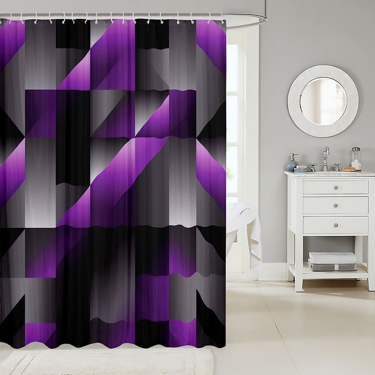 Feelyou Kids Purple Black Geometry Shower Curtain Set 72x78