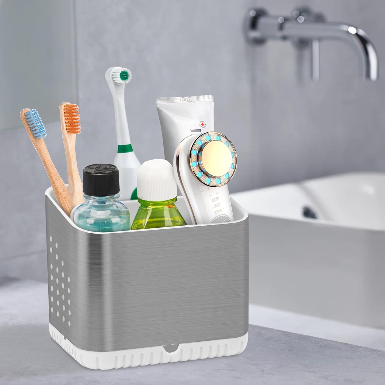 Brushed Nickel Toothbrush Holder for Bathroom Multifunctional Organizer Non-Slip Drainage