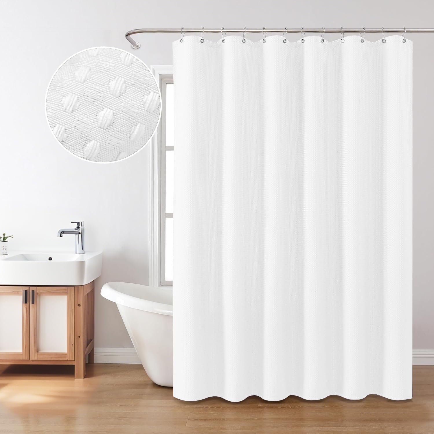 Inhousolu Waffle Shower Curtain Set 72x72 White 230 GSM 14 Metal Hooks