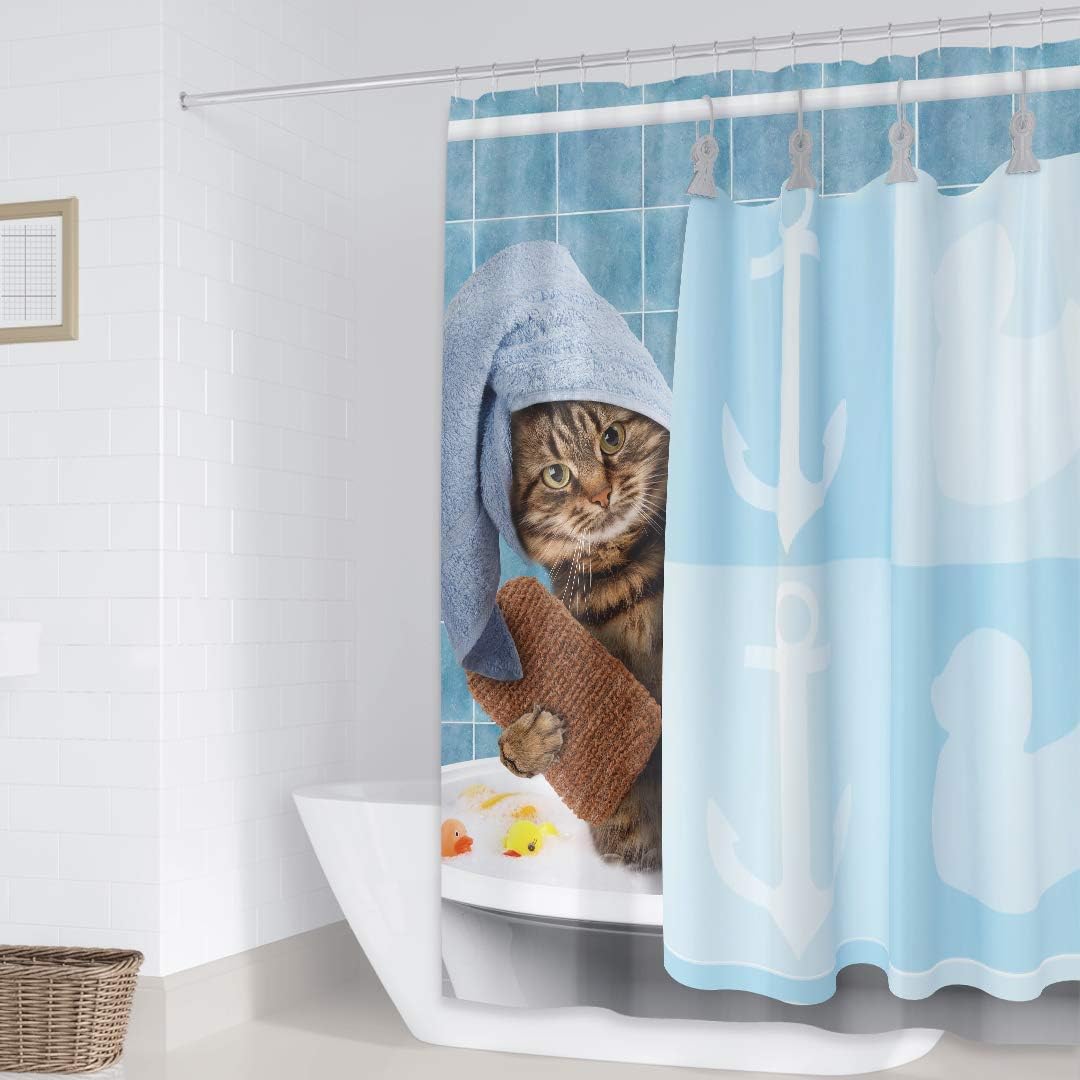 Riyidecor Funny Cat Shower Curtain Set