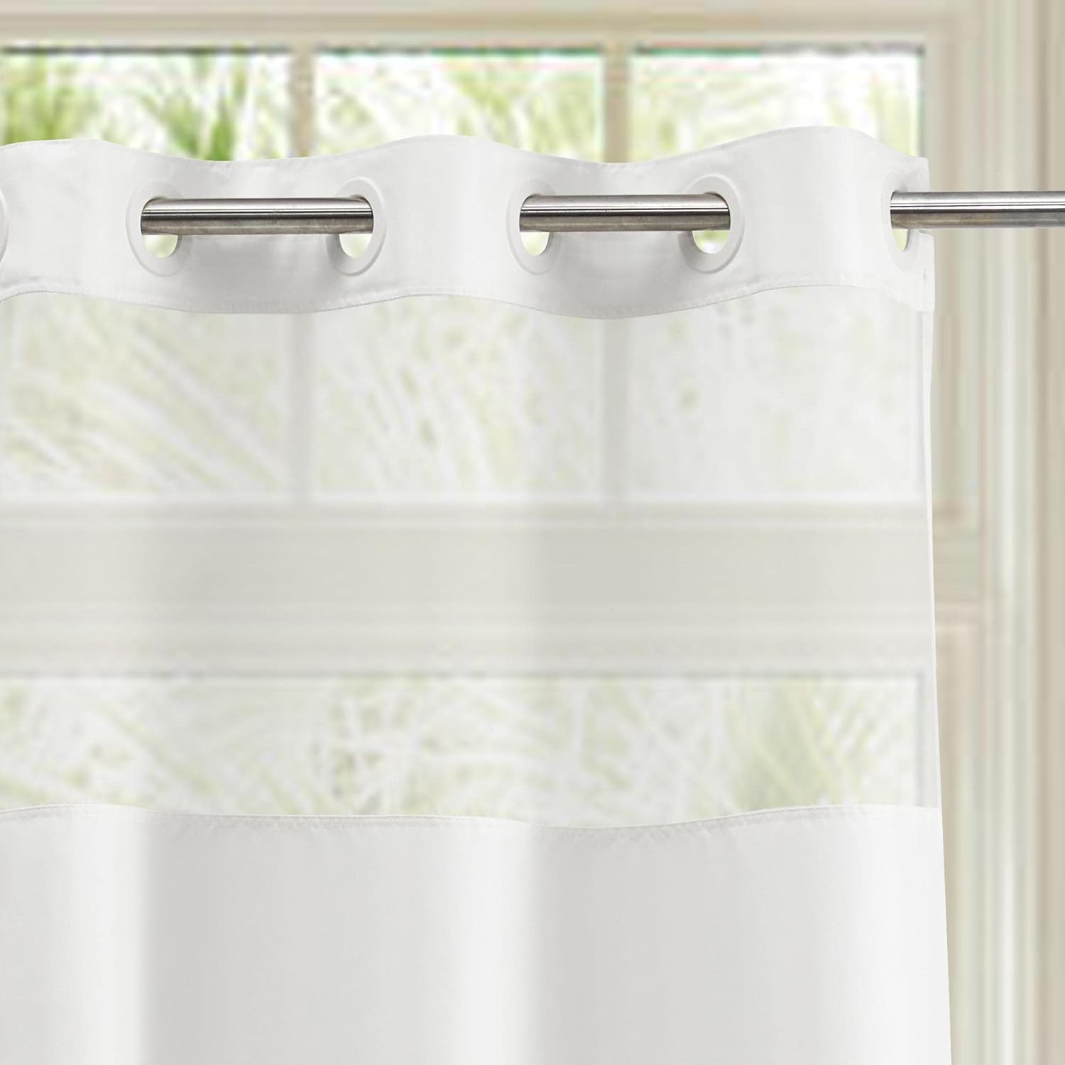 River Dream No Hooks Shower Curtain 71x74 White Fabric with Sheer Window