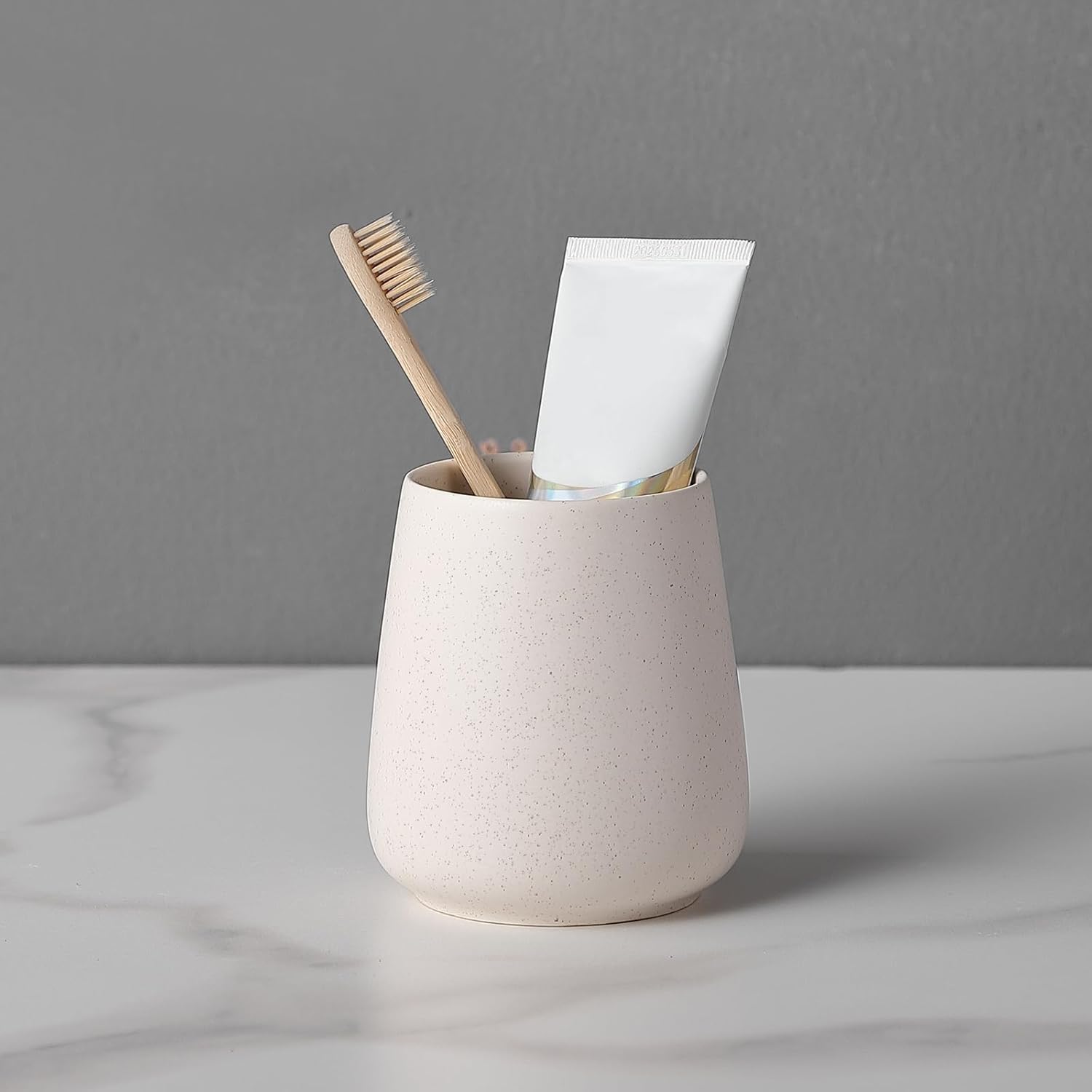Beige Ceramic Toothbrush Holder with Storage