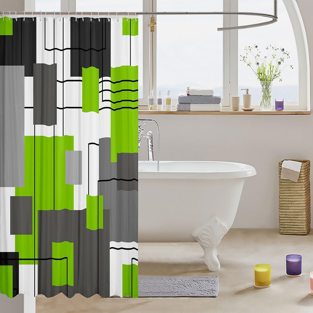 Lime Green Gray Geometric Shower Curtain Set 1