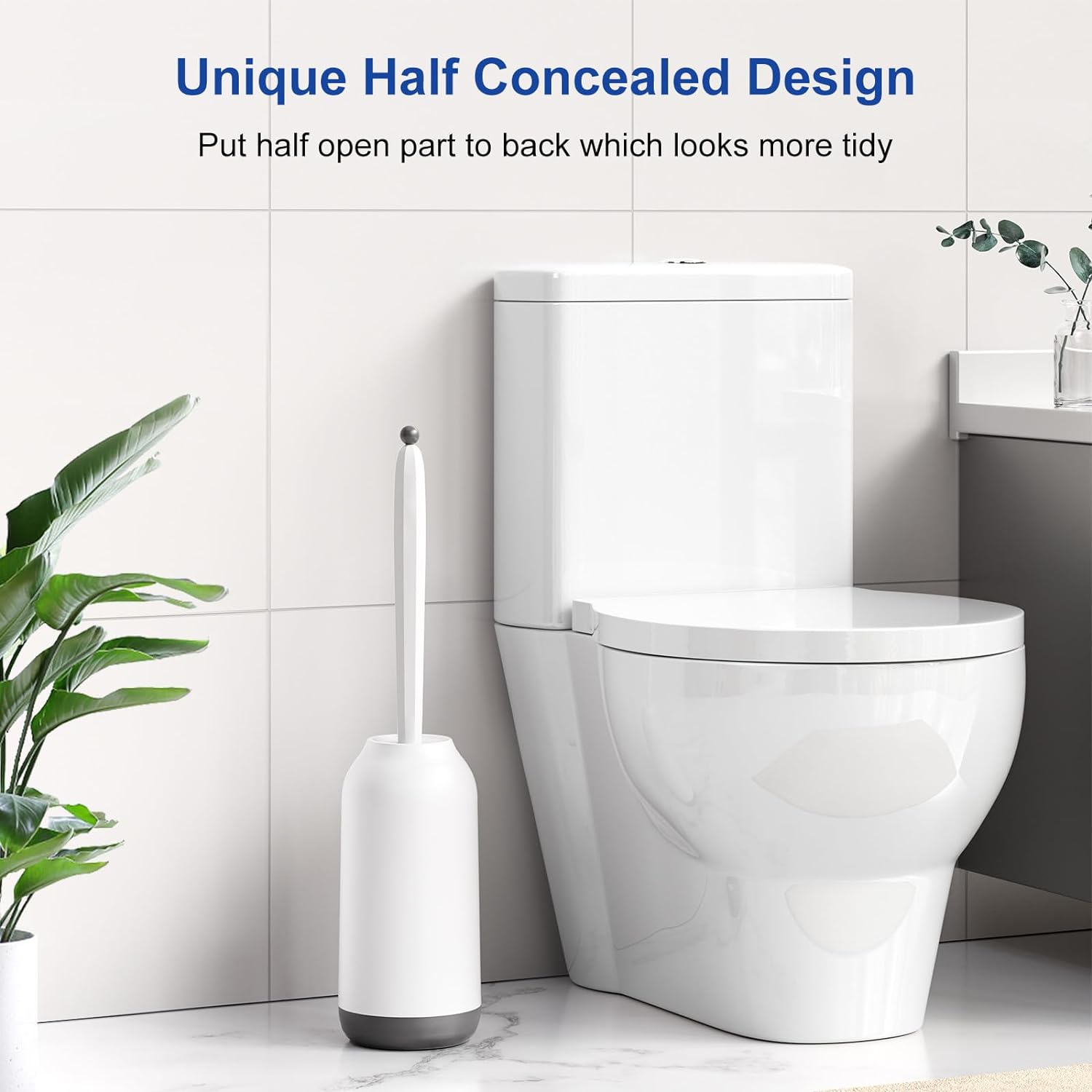 HAMITOR Toilet Brush Holder Set with Silicone Head and Curved Bristles - White