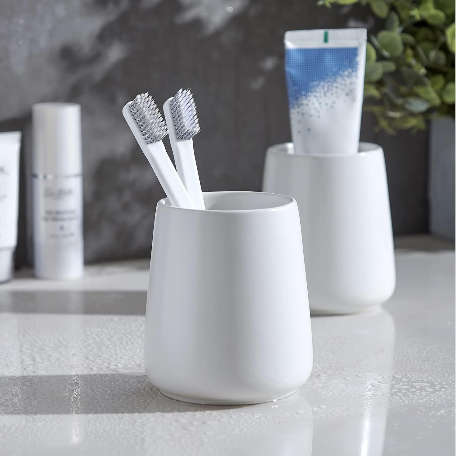 Eyrozia White Ceramic Toothbrush Holder for Bathroom