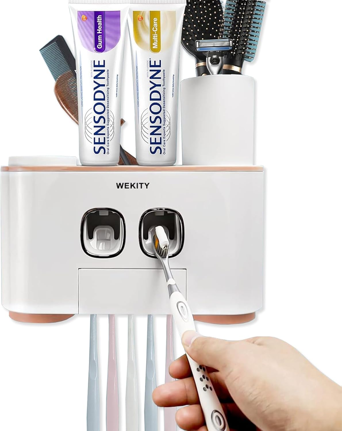 Wekity Wall Mounted Toothbrush Holder with 5 Slots and 4 Cups