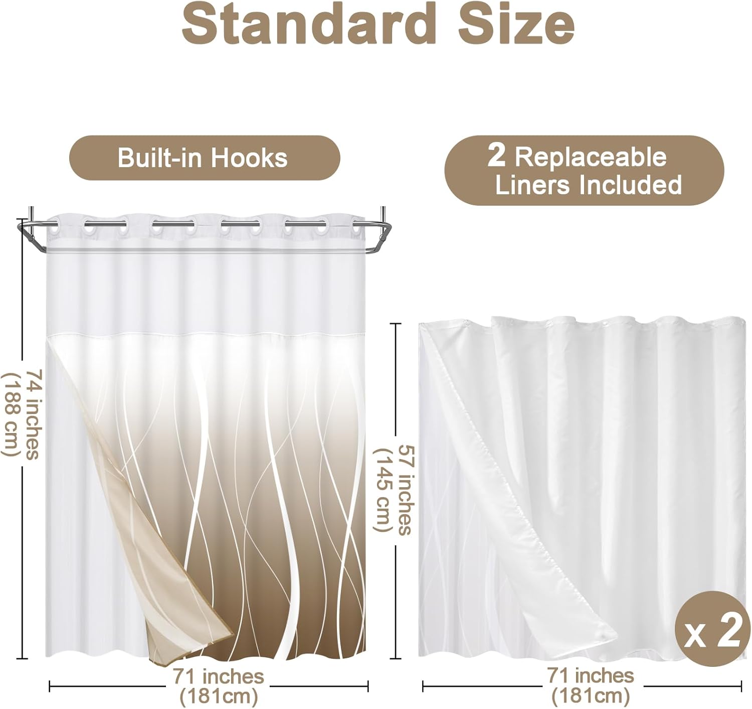 Likiyol Brown Ombre Shower Curtain Set with Snap Liner Waterproof and See Through