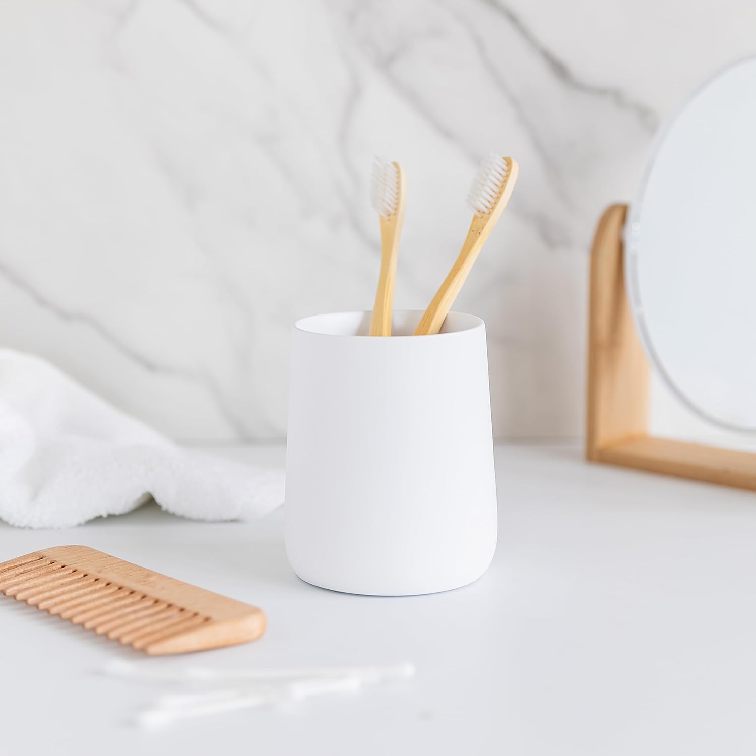 Matte White Toothbrush Holder with Cup and Floss Organizer