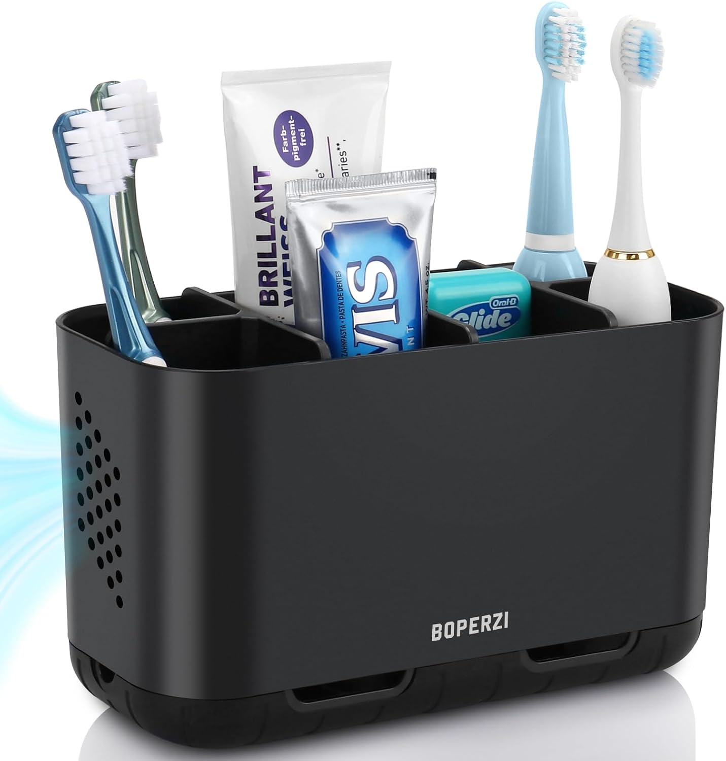Boperzi 6 Slot Toothbrush Holder with Drainage and Anti-Slip Base Black