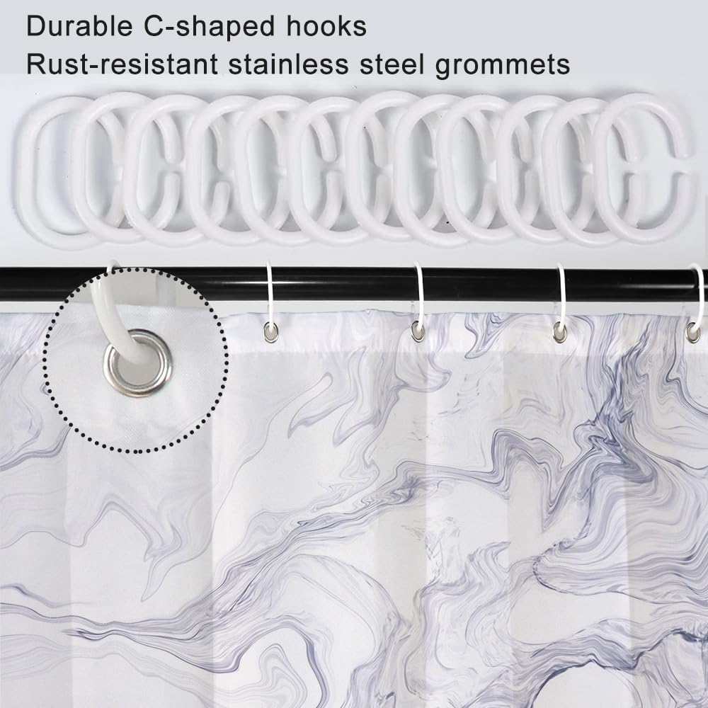 White Marble Shower Curtain Set with Hooks 72x72 Inch