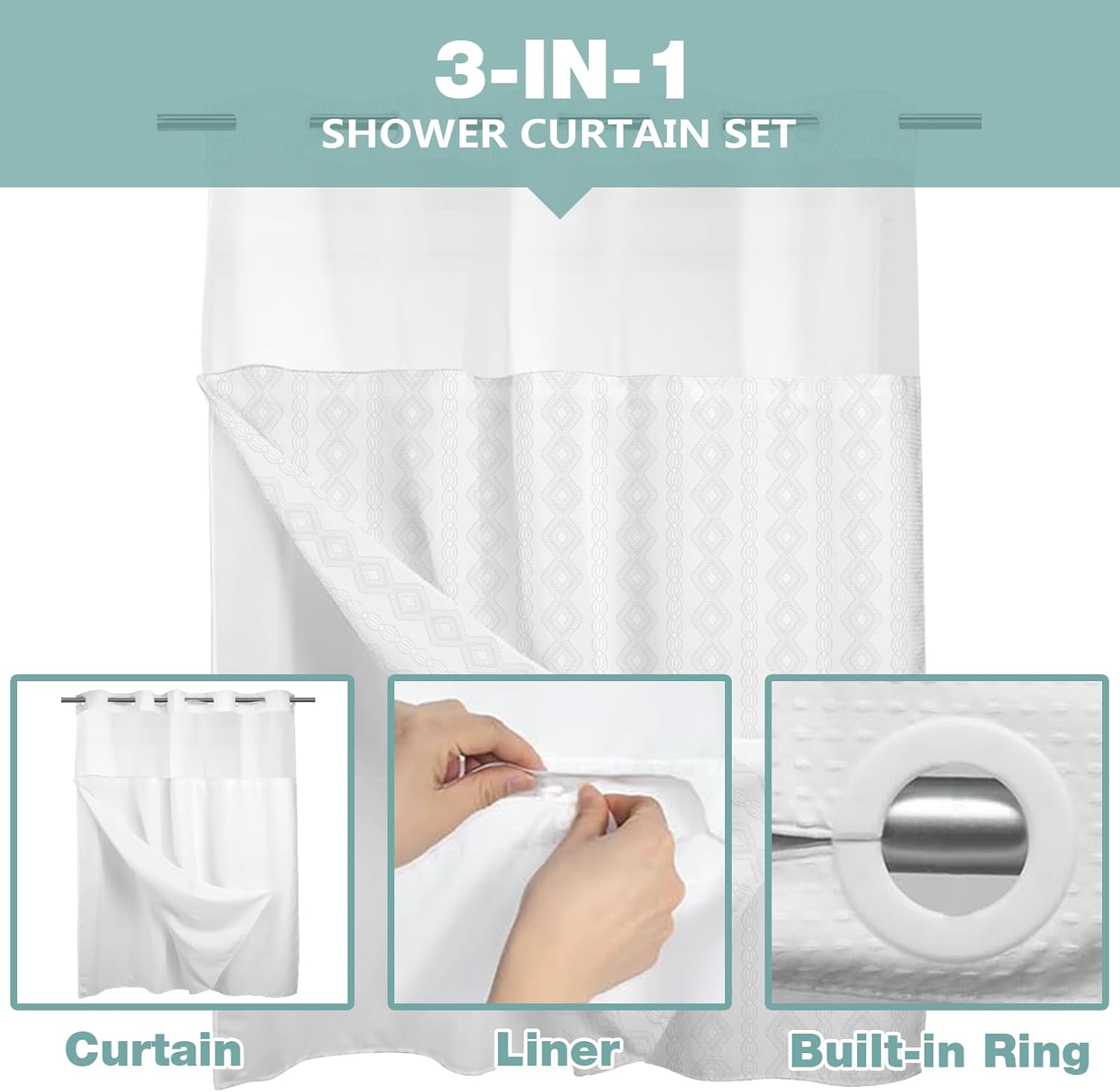 TYTYUU No Hook Shower Curtain Set Modern White Waffle Weave