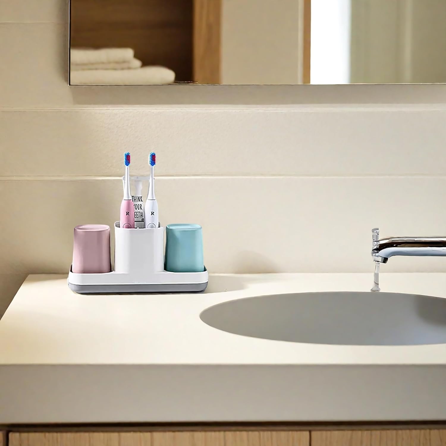 Kids Toothbrush Holder with Pink Blue Cups and Storage