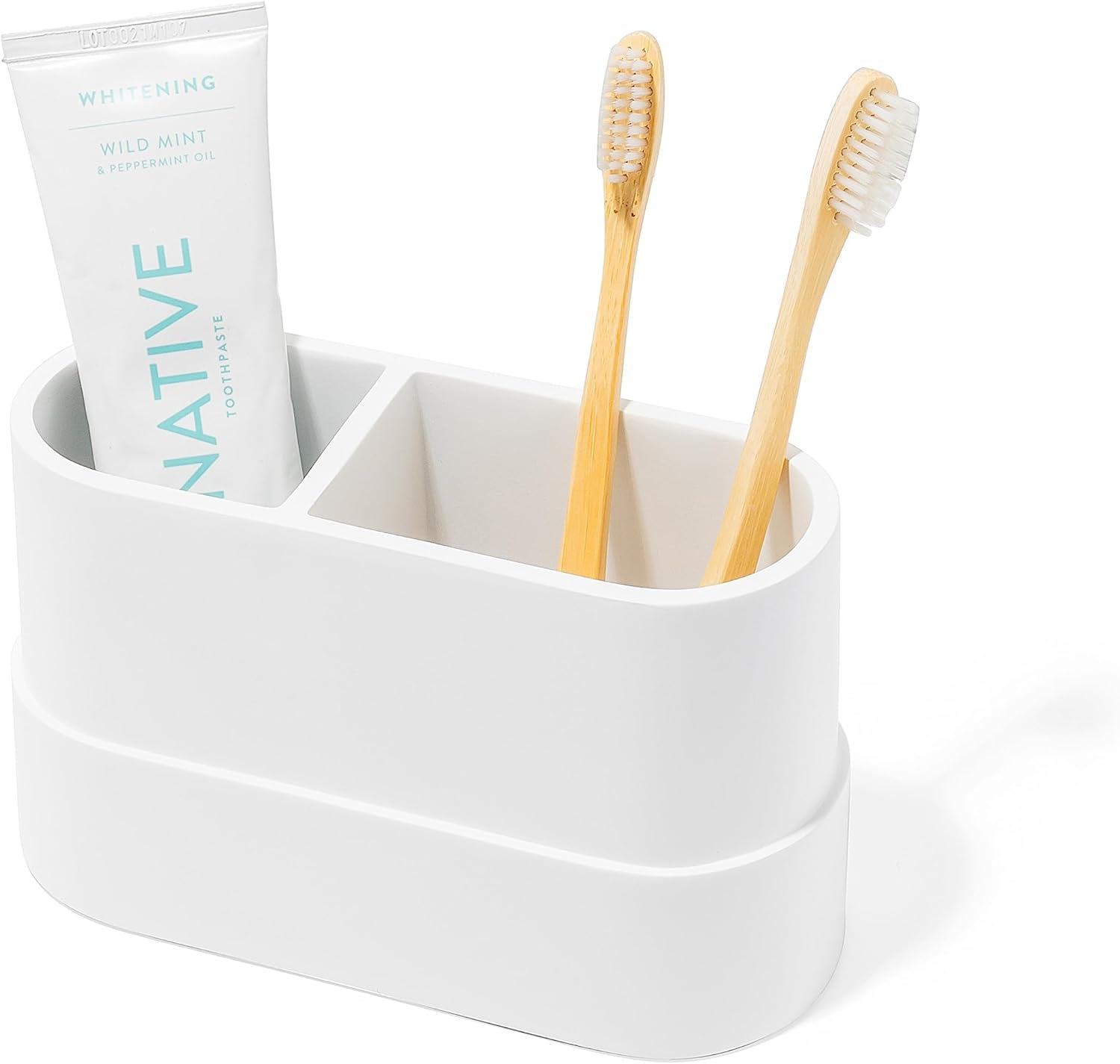 Matte White Toothbrush and Toothpaste Holder with 2 Compartments