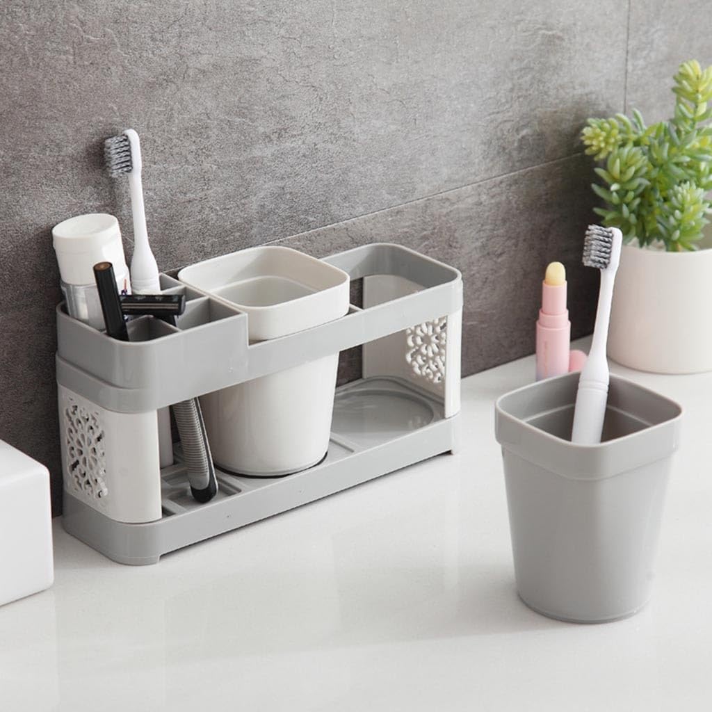 Modern Bathroom Decor Toothbrush Stand with 2 Mugs and Shelf