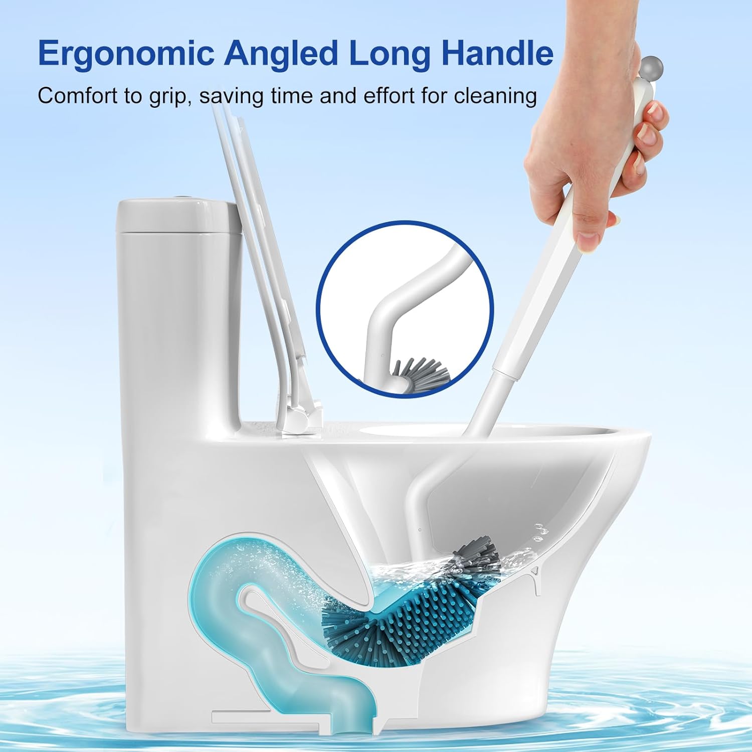 HAMITOR Toilet Brush Holder Set with Silicone Head and Curved Bristles - White