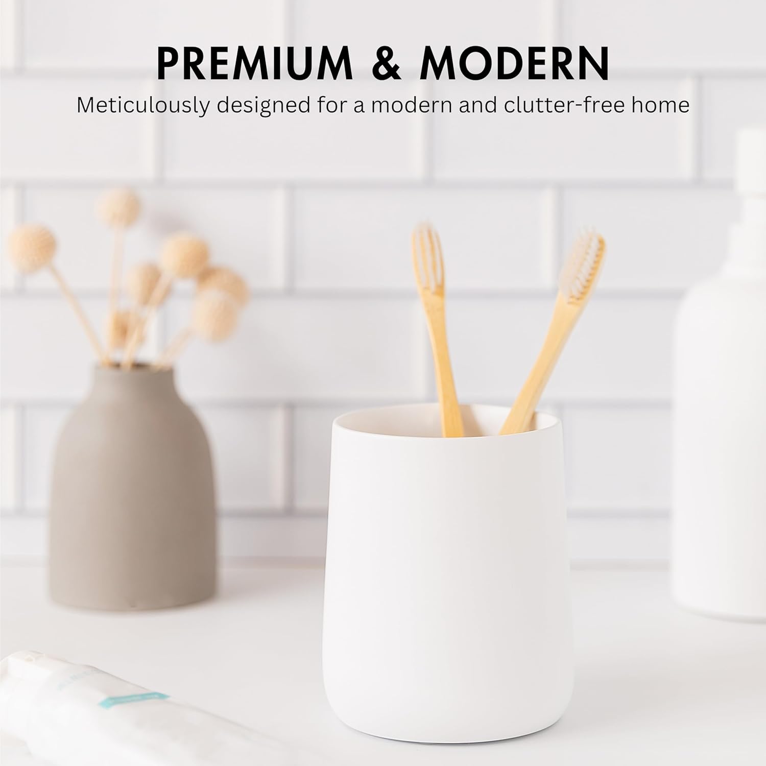 Matte White Toothbrush Holder with Cup and Floss Organizer