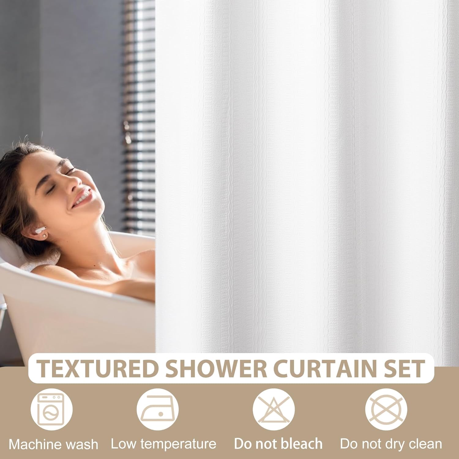 Wyljljy No Hook Shower Curtain Set 71x86 White Waffle